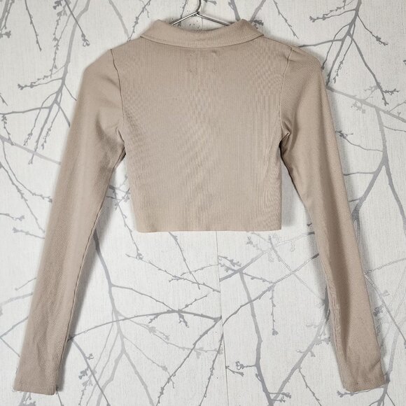 Kuwalla Montreal Beige Ribbed Knit Button Front Cropped Polo - Picture 3 of 5